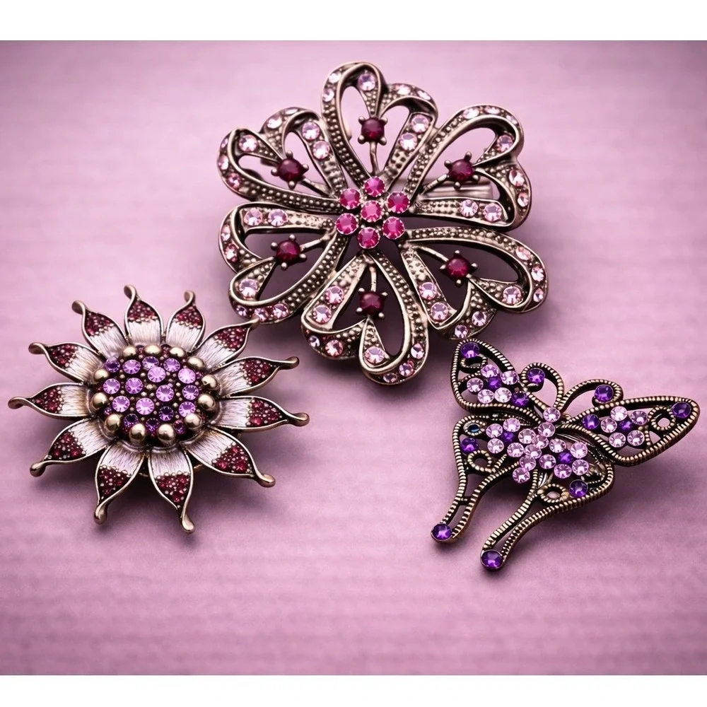 Rhinestone Floral Butterfly Brooch Pin Set 3pc Purple Pink Gunmetal‎ Whimsigoth